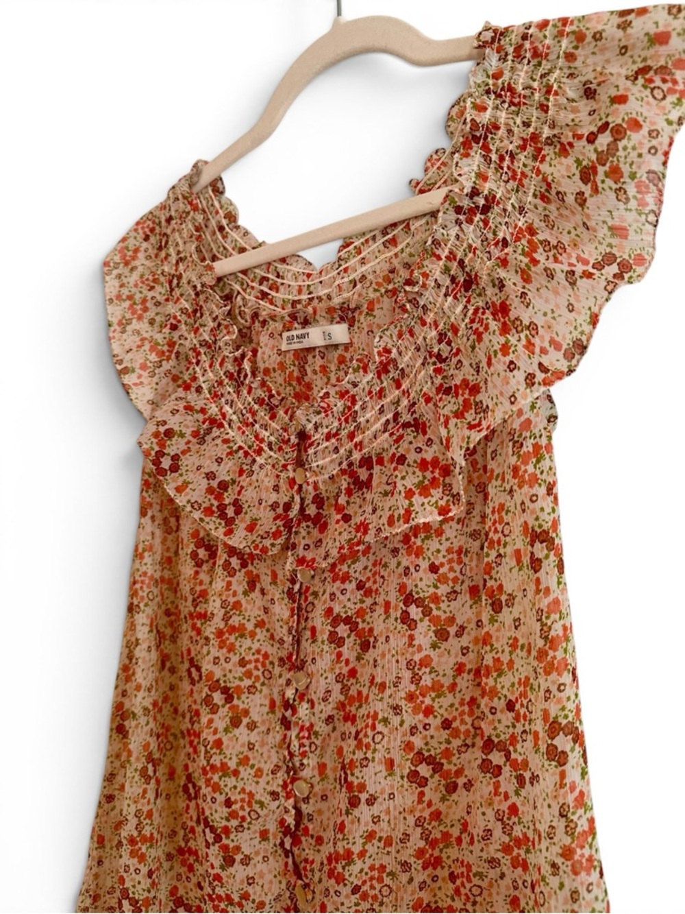 Old Navy Cream Pink Floral Ruffle Cap-Sleeve Blouse